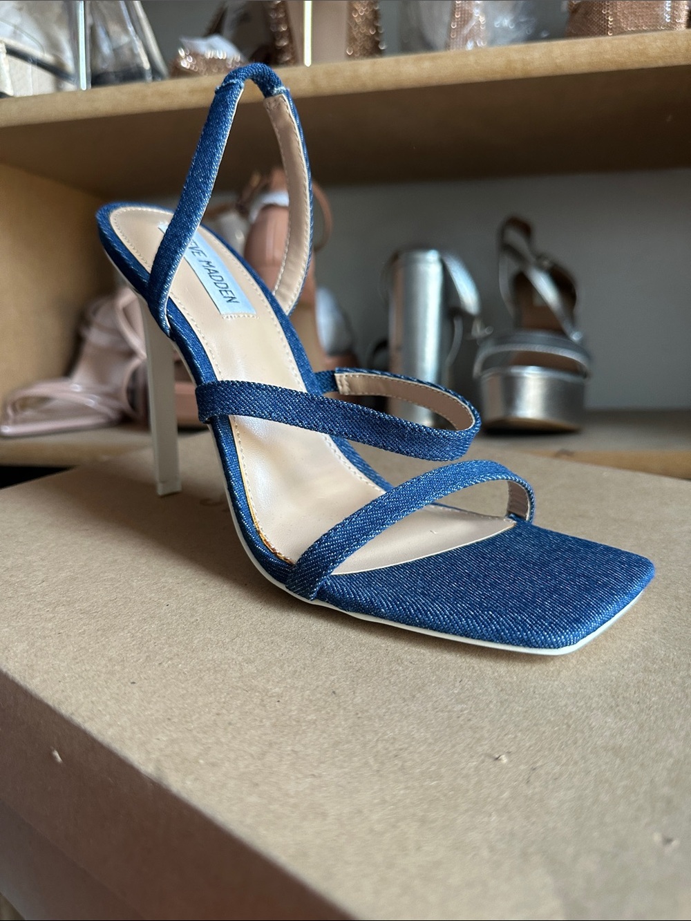 Steve Madden Blue Denim Strappy Square-Toe Heels